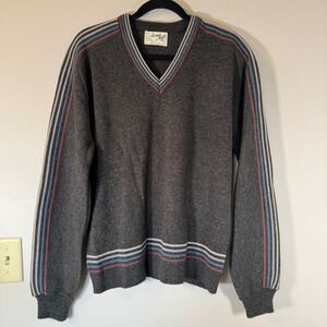 Lord Jeff V Neck Vintage Sweater Mens Gray Acrylic Striped Trim Long Sleeve SZ L